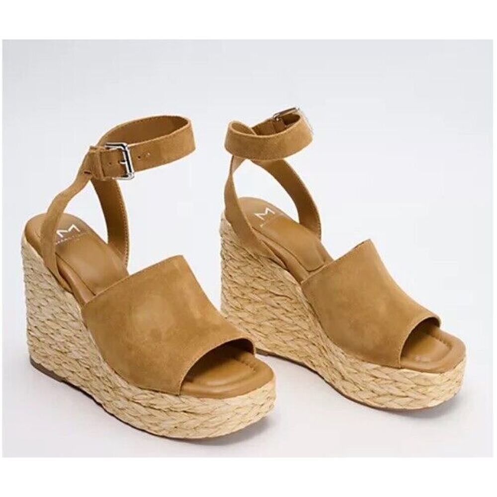 New Marc Fisher LTD Nelly Suede Espadrille Wedge Sandals Ankle Strap Tan 10M